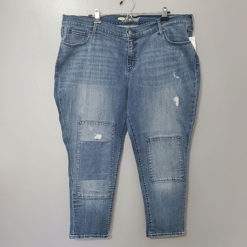 NWT Old Navy Boyfriend Womens Jeans Distressed Cropped Patchwork Size 18